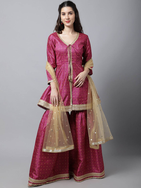 

anokherang Women Purple Ethnic Motifs Printed Kurta with Sharara & With Dupatta