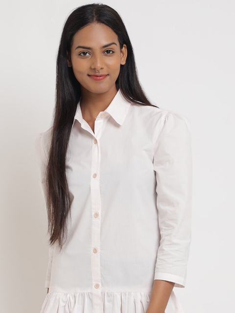 

Anaghakart Solid Front open Pure Cotton shirt style Dress, White