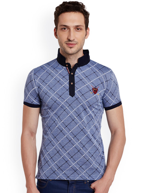 

Duke Men Blue Self Design Stand Collar T-shirt