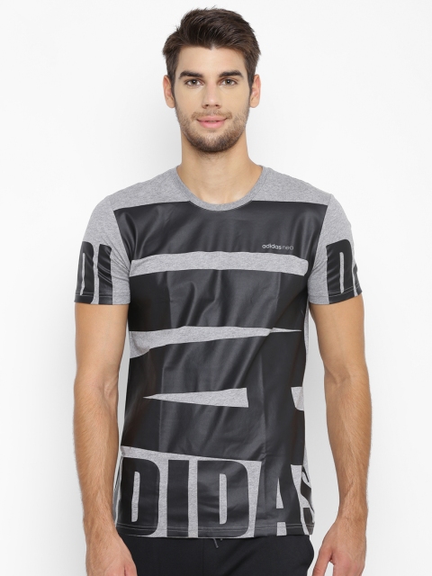 

ADIDAS NEO Men Grey Melange & Black ADI AOP Printed Round Neck T-shirt