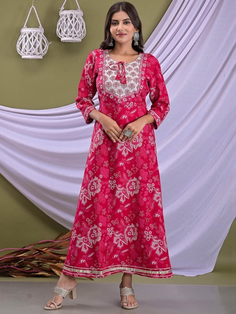 

EtnicaWear Women Floral Printed Keyhole Neck Gotta Patti Kurta, Pink