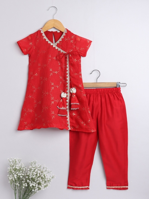 

The Magic Wand Girls Red Ethnic Motifs Kurti With Trousers