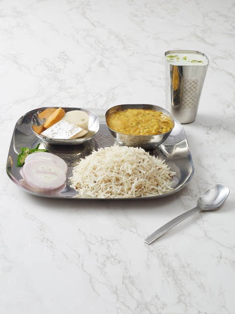 

HomeTown Set of 5 Printed Stainless Steel Glossy Dinner Set, Silver