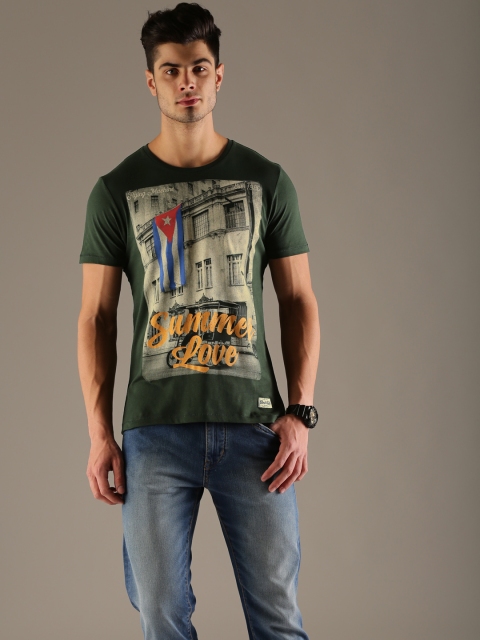 

Flying Machine Men Green Printed Round Neck T-shirt