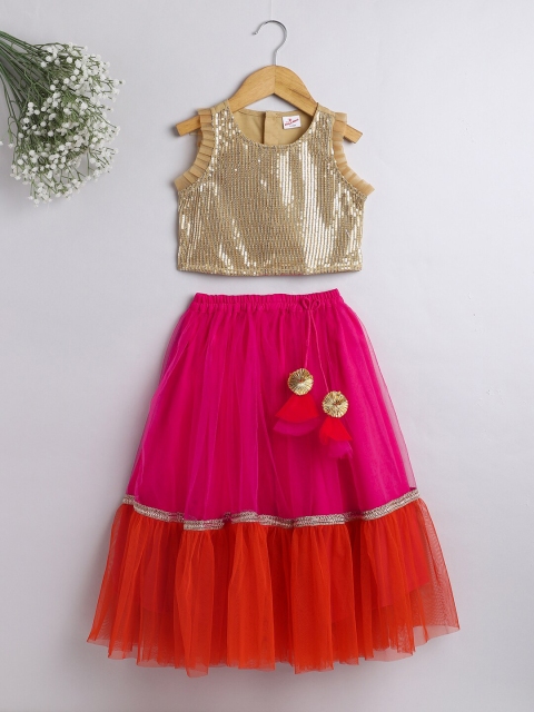 

The Magic Wand Girls Fuchsia & Gold-Toned Embellished Sequinned Ready to Wear Lehenga