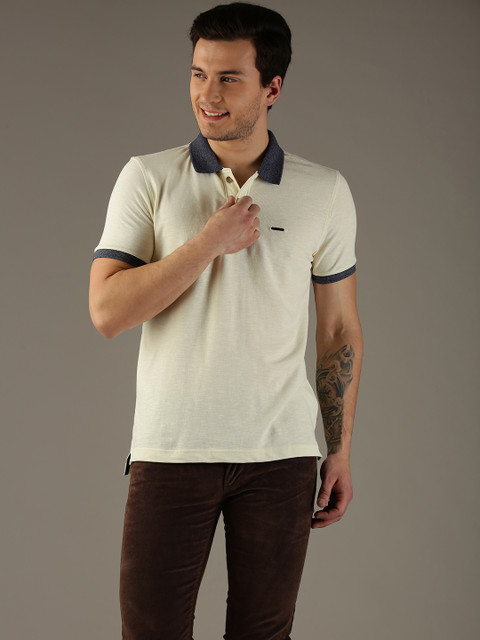 

Flying Machine Men Cream-Coloured Solid Polo Collar T-shirt