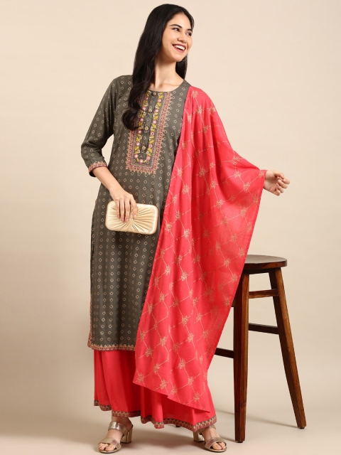 

SHOWOFF Women Olive Green Printed Kurta with Palazzos & With Dupatta