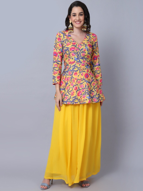 

anokherang Women Yellow Floral Embroidered Flared Sleeves Floral Anarkali Kurta
