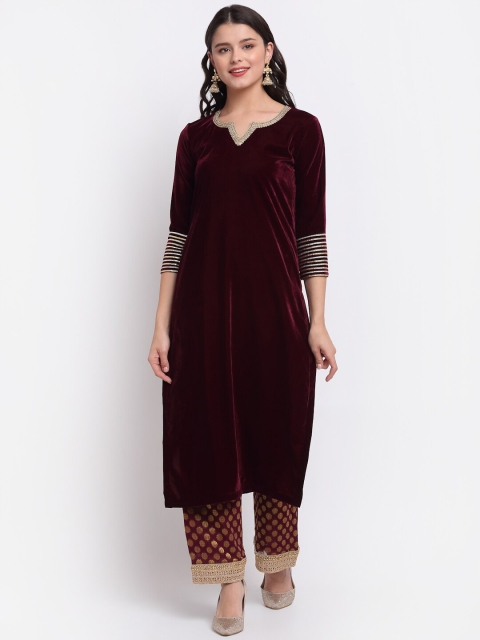 

anokherang Women Purple Velvet Kurta