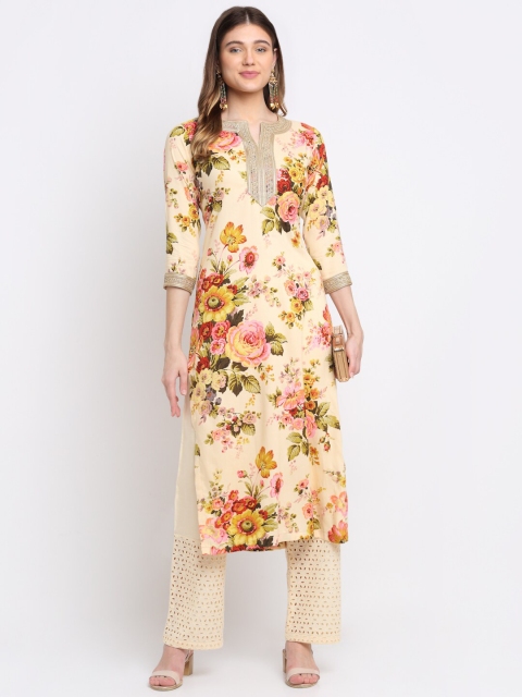 

anokherang Women Beige Floral Printed Mirror Work Kurta