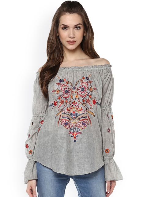 

Taurus Women Grey Striped Blouson Pure Cotton Top