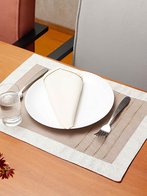 

ZEBA Set Of 6 Beige Embroidered Cotton Table Placemats & Napkins