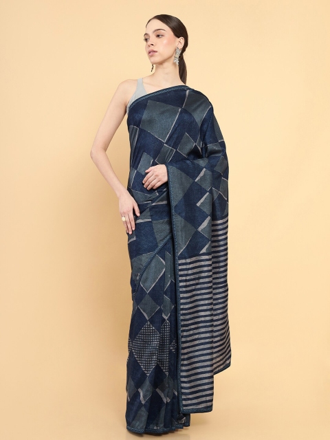 

Soch Navy Blue & Grey Checked Saree