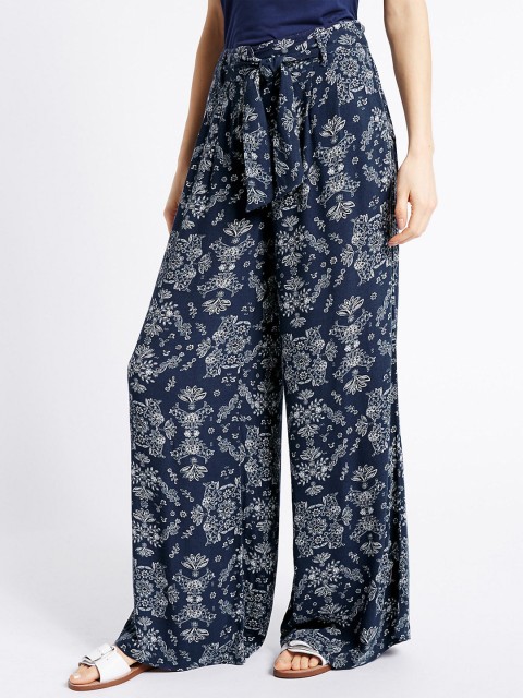 

Marks & Spencer Women Navy Blue & White Printed Wide Leg Palazzos