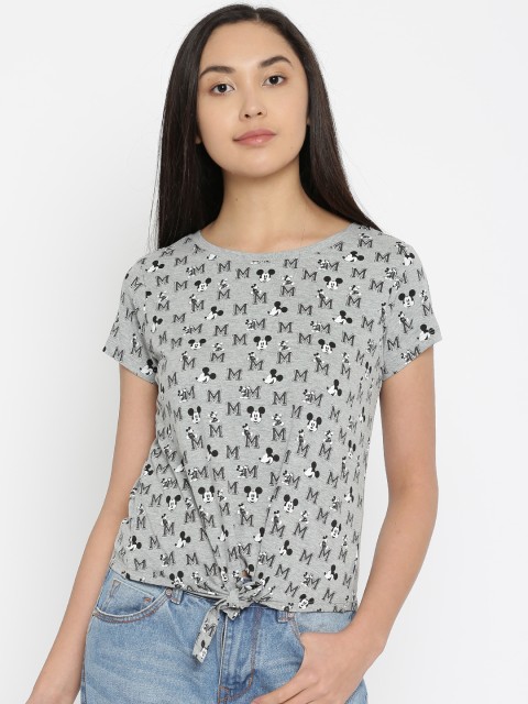 

Kook N Keech Disney Women Grey Melange Black Printed Round Neck Pure Cotton T-shirt