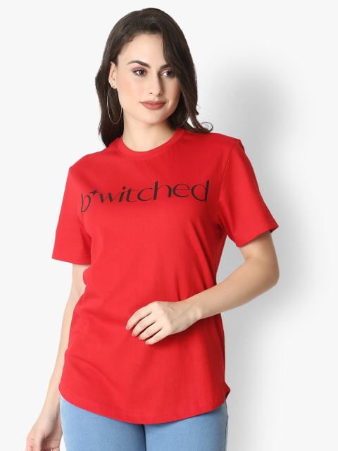 

Again fashions Women Red Typography Printed Applique T-shirt