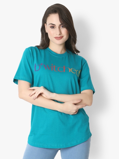 

Again fashions Women Green Typography Applique T-shirt
