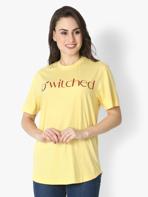 

Again fashions Women Yellow High Neck Drop-Shoulder Sleeves T-shirt