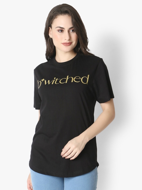 

Again fashions Women Black Typography Printed Applique T-shirt