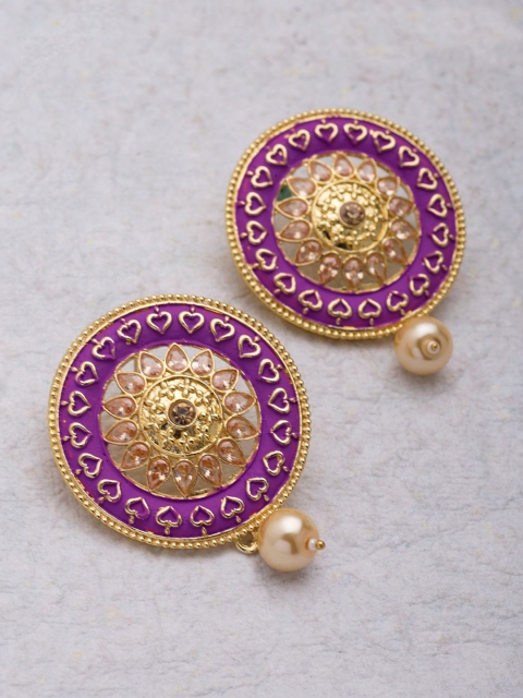 

Voylla Darbari Gold-Plated Embellished Pink Circular Drop Earrings