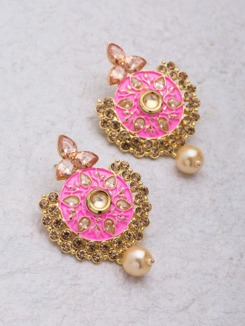 

Voylla Darbari Gold-Plated & Pink Embellished Circular Drop Earrings