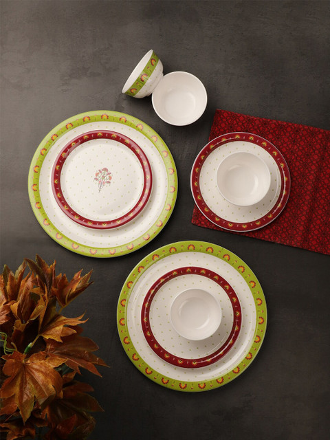 

Servewell White & Maroon Pieces Floral Printed Melamine Glossy Dinner Set