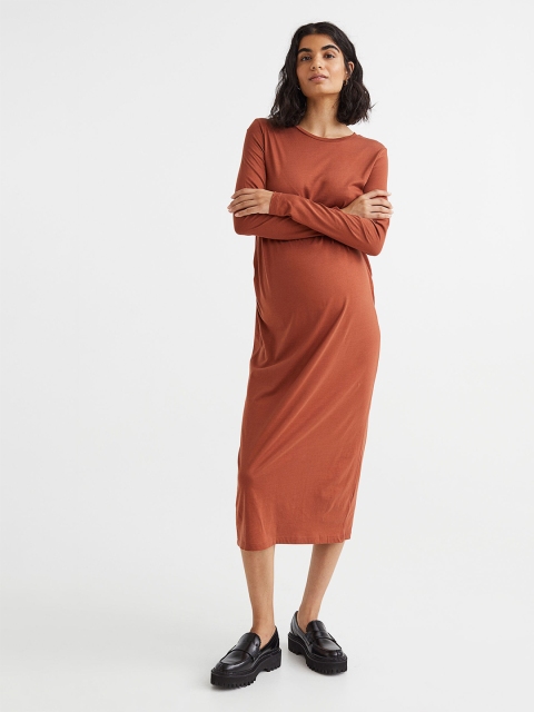 

H&M MAMA Long-Sleeved Dress, Brown