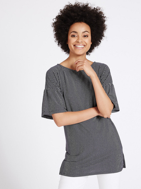 

Marks & Spencer Women Navy & White Striped Top, Navy blue