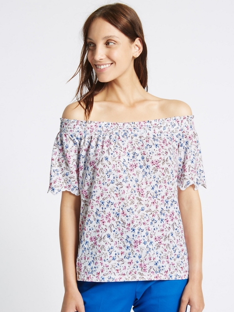 

Marks & Spencer Women Off-White & Blue Printed Bardot Top