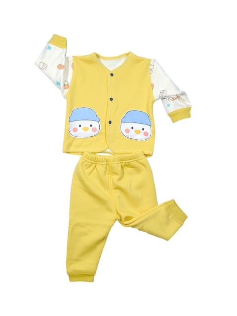 

Moms Home Kids Yellow & White V-Neck Printed Organic Cotton Top with Pyjama