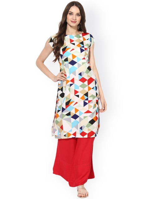 

Vaamsi Women Off-White & Red Printed Straight Kurta