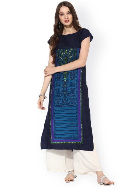 

Vaamsi Women Navy Printed Straight Kurta, Navy blue