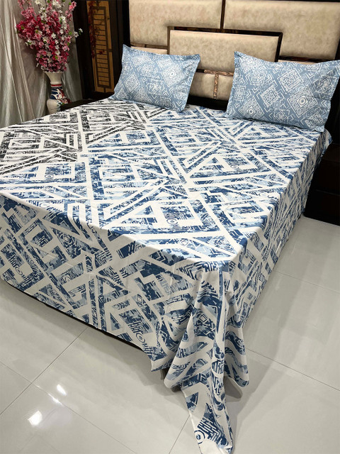 

Pure Decor Blue & White Geometric 400 TC King Bedsheet with 2 Pillow Covers