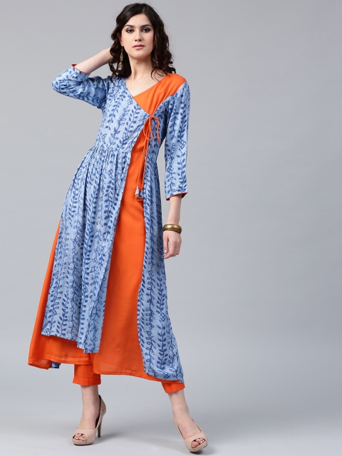 

AKS Women Blue & Orange Printed Layered Angrakha A-Line Kurta