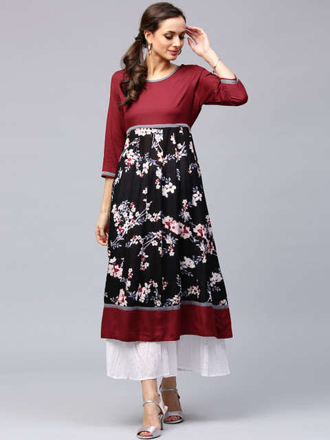 

AKS Women Black & Maroon Printed Anarkali Kurta