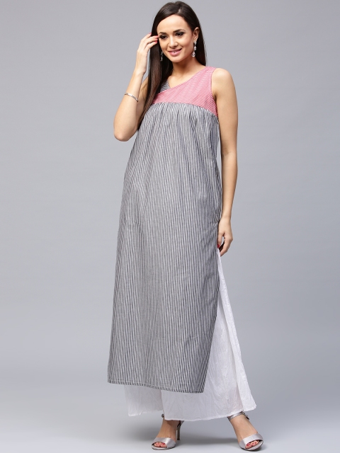 

AKS Women Grey & Pink Striped Straight Kurta