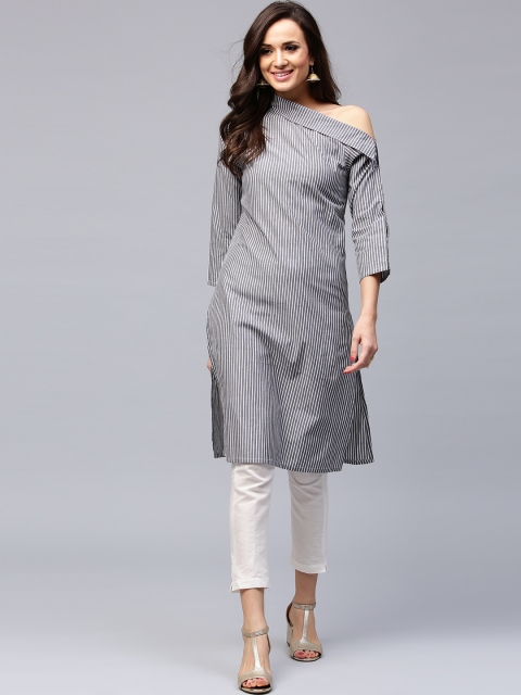 

AKS Women Grey & White Striped One Shoulder Straight Kurta