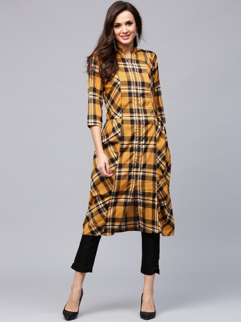 

AKS Women Mustard Yellow & Black Checked Straight Kurta
