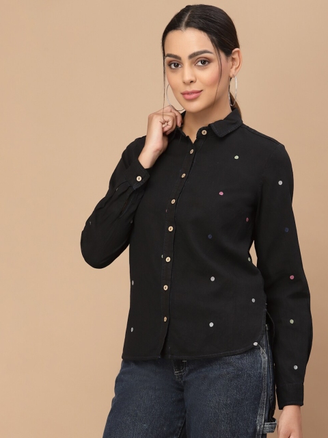 

HOUSE OF KKARMA Women Black Polka Dots Embroidery Denim Shirt
