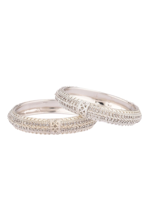 

Efulgenz Set of 2 Rhodium-Plated & Silver-Toned Crystal Studded Textured Bangles