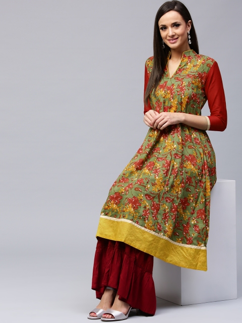 

AKS Women Olive Green & Red Printed A-Line Kurta
