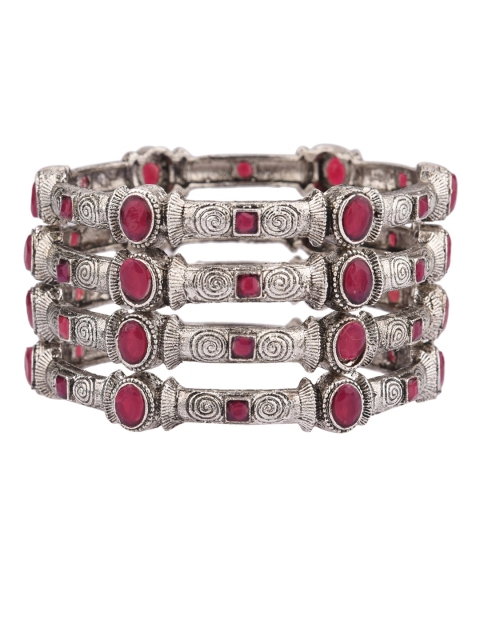 

Efulgenz Set of 2 Rhodium-Plated & Silver Toned Kundan Studded Textured Bangles