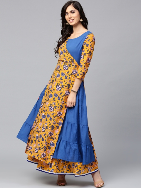 

AKS Women Yellow & Blue Printed Layered Anarkali Kurta