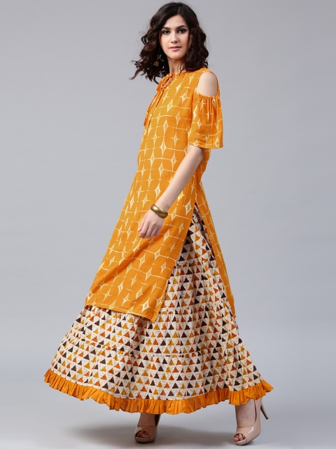 

AKS Women Mustard Yellow Printed Cold Shoulder Straight Kurta