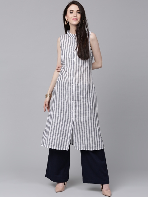 

AKS Women Grey & White Striped Straight Kurta