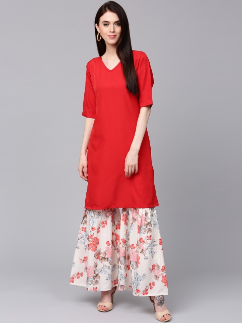 

AKS Women Red & Off-White Crepe Solid Kurta with Sharara