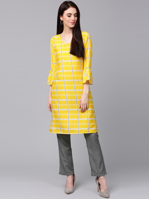 

AKS Women Yellow & Grey Crepe Checked Kurta with Trousers