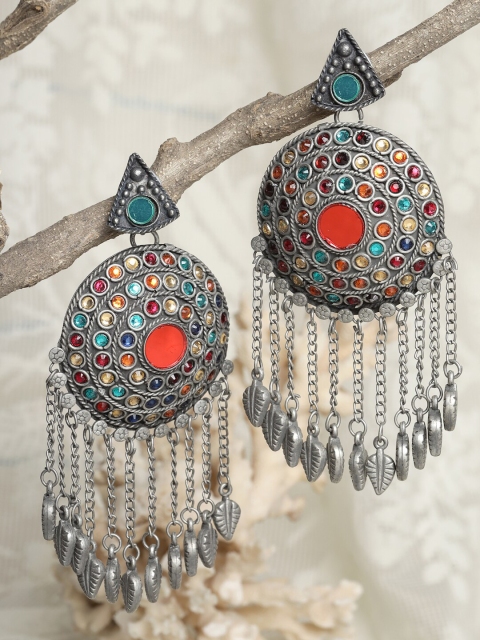 

Moedbuille Silver-Toned & Orange Crescent Shaped Drop Earrings