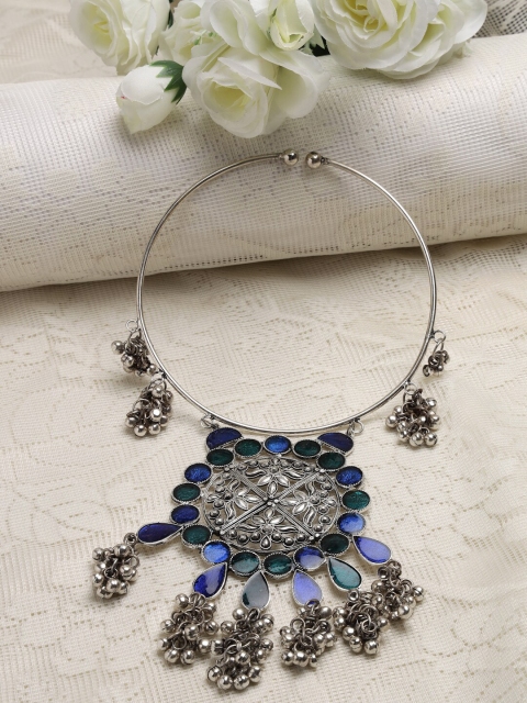

Moedbuille Silver-Toned & Blue Brass Silver-Plated Meenakari Necklace