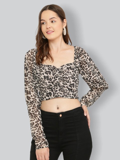 

The Label Bar Beige Animal Print Sweetheart Neck Georgette Crop Top